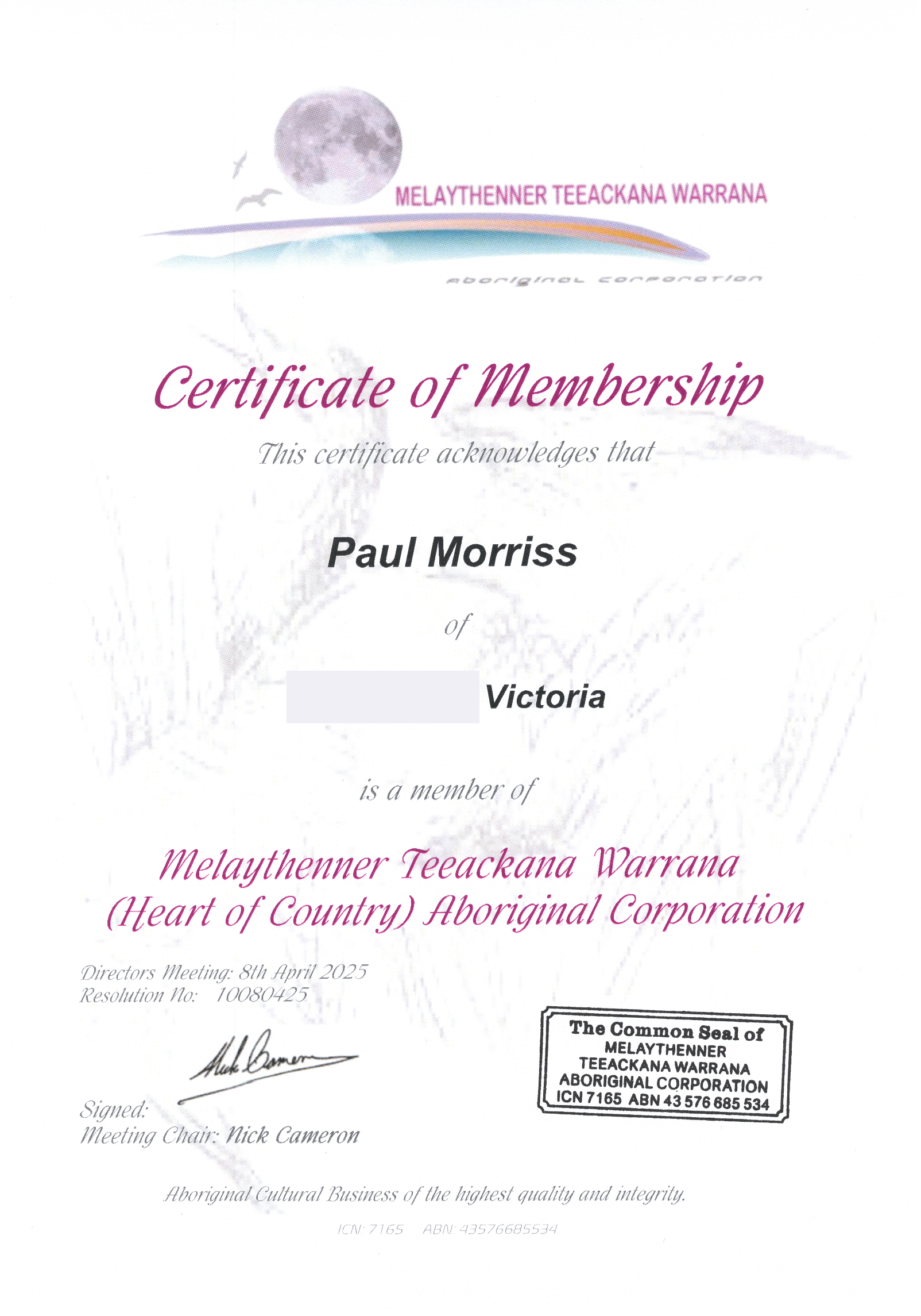 Paul Morriss Aboriginal Heritage Certificate 